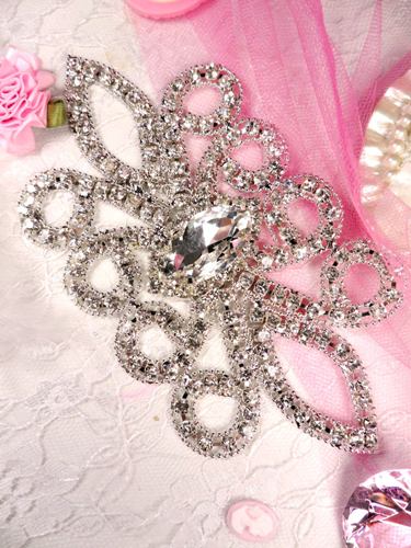 TS21 Silver Crystal Clear Rhinestone Applique Embellishment 6"