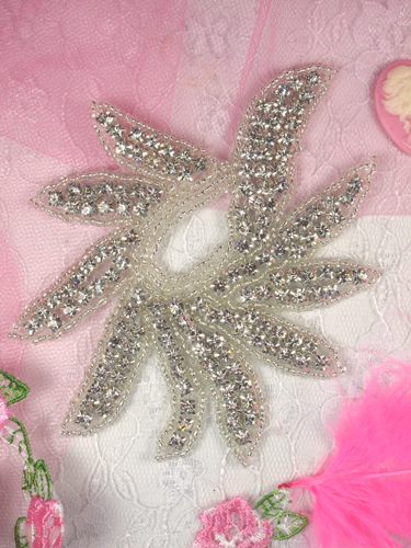 TS5 Crystal Clear Silver Beaded Rhinestone Applique 4.75"