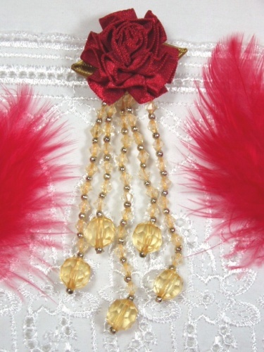 VD21 Red/Gold Floral Dangle Beaded Applique 3.75"