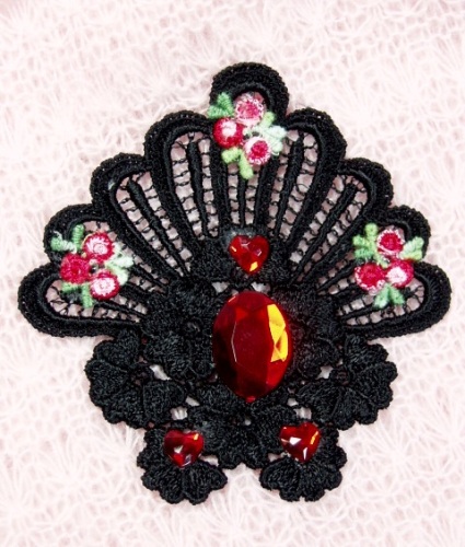 VG43   Black Red Heart Jewel Venise Lace Applique 4"