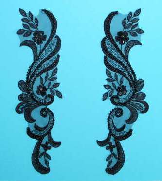 W2  Black Venise Lace Mirror Pair Beaded Sequin Appliques 9.5"