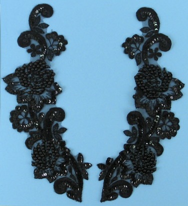 W4  Black Venise Lace Mirror Pair Beaded Sequin Appliques 10"