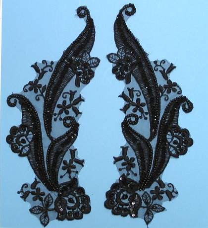 W9 Black Venise Lace Beaded Sequin Appliques 9.75"