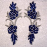 0009  Blue Floral Mirror Pair Sequin Beaded Appliques