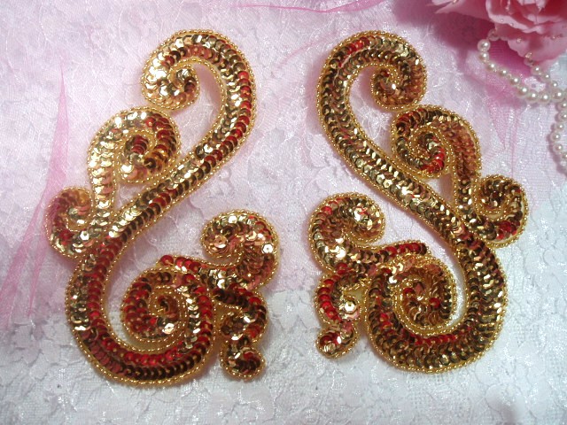 Gold Scroll Mirror Pair Sequin Beaded Appliques 0013