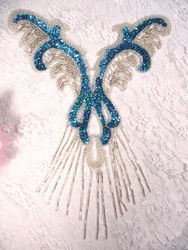 0021 Turquoise  Silver Yoke Sequin Beaded Applique 12"