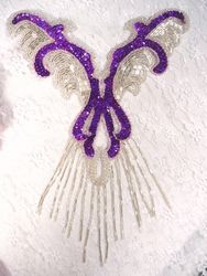 0021 Purple Silver Yoke Sequin Beaded Applique 12"