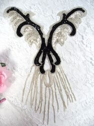 0021 Black Silver Yoke Sequin Beaded Applique 12"