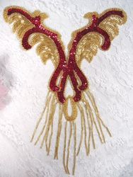 0021 Red Gold Yoke Sequin Beaded Applique 12"
