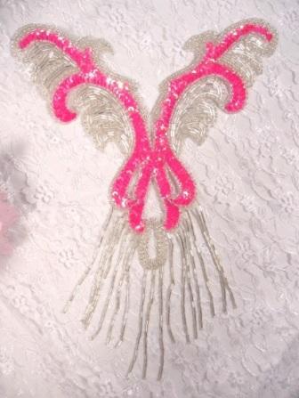 0021 Hot Neon Pink AB Silver Yoke Sequin Beaded Applique 12"