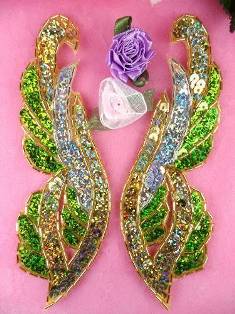 0033 Lime Green Gold Silver Mirror Pair Sequin Beaded Appliques 6.25"