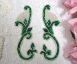 Kelly Green Jeweled Mirror Pair  6" Sequin Beaded Appliques  0034