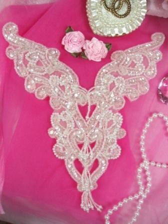 0035 Crystal Heart Bodice Yoke Sequin Beaded Applique 8"