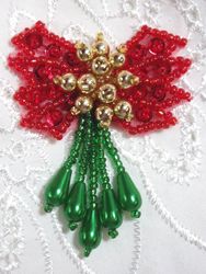 0036  Christmas Red Green Gold Bow Dangle Sequin Beaded Applique 2.5"