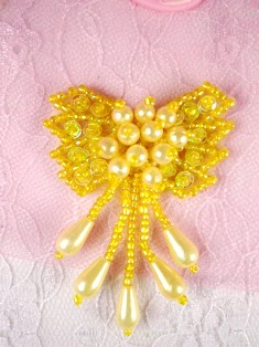 0036  Bright Yellow Bow Sequin Beaded Applique 2.5"