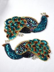 0046  Peacock Mirror Pair Beaded Sequin Appliques 4.75