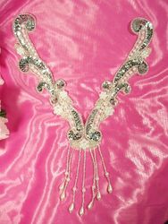 0049B Silver Pearl Collar Yoke Beaded Sequin  Appliques 11"