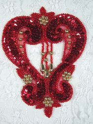 0063  Red & Gold Heart  Sequin Beaded Applique  4.75"