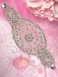 0086 Amy Silver Beaded Pearl Crystal Rhinestone Applique 8.25"