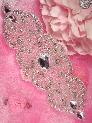 0087 Rosezana Silver Beaded Pearl Crystal Rhinestone Applique 8"