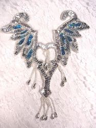 0108 Turquoise & Silver Yoke Beaded Sequin Applique 8.5"