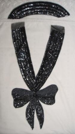 K8760   Gunmetal Bow Collar Sequin Beaded Applique Set  16.5"