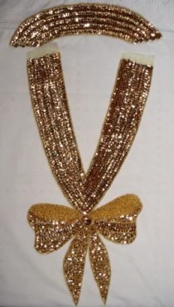 K8760   Gold Bow Collar Sequin Beaded Applique Set  16.5"
