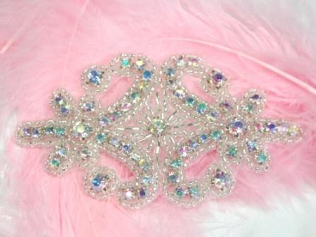 0413 Crystal AB Aurora Borealis Rhinestone Beaded Hair Bow / Brooch / Applique 4"