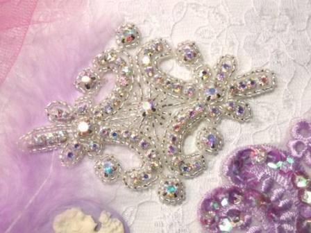 0153  Rhinestone Aurora Borealis Crystal AB Silver Beaded  Applique 4"