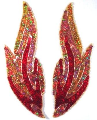 0173 Red Flames of Fire Mirror Pair Sequin Beaded Appliques 9.5"