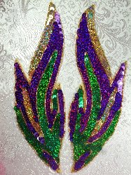 0173 Mardi Gras Flames of Fire Mirror Pair Beaded Sequin Appliques 9.5"