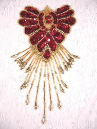 0178  Red Gold Epaulet Sequin Beaded Applique 8"