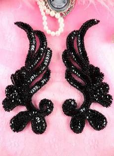 0182 Black Mirror Pair Sequin Beaded Appliques 6"