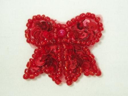 0185  Red Bow Sequin Beaded Applique 1.25"