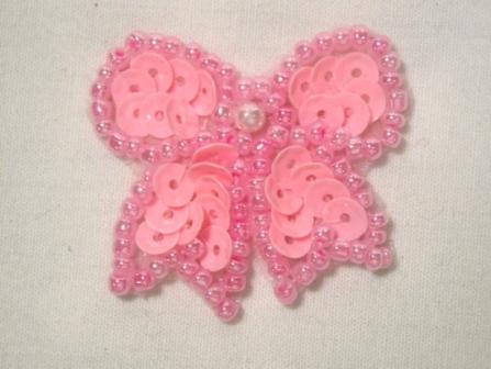 0185  Pink Bow Sequin Beaded Applique 1.25"