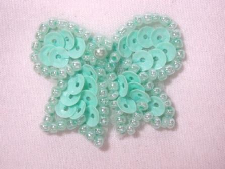 0185  Mint Green Bow Sequin Beaded Applique 1.25"
