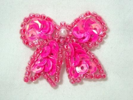 0185  Neon Pink Bow Sequin Beaded Applique 1.25"