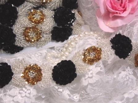 0211  Black and Gold Floral Sequin Beaded Trim