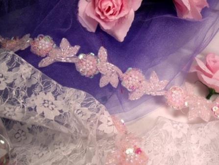 0213  Pink Crystal Flower Sequin Beaded Applique or Trim