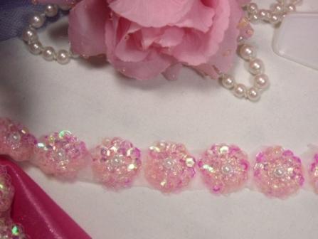 0217  Pink Crystal AB Flower Sequin Beaded Trim or Applique