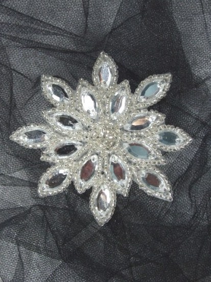 0348 Silver Beaded Snowflake Clear Jewel Rhinestone Applique 3"