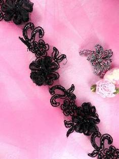 0269 Black Floral Beaded Trim  1.5"