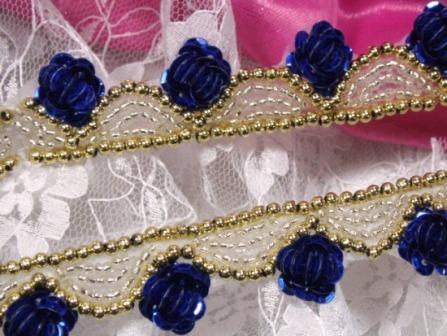 0275  Gold and Blue Floral Sequin Beaded Trim