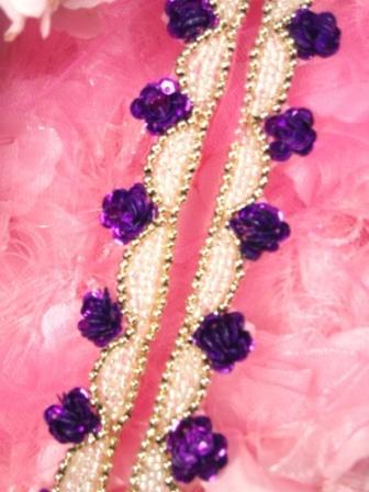 0275  Purple Gold  Floral Sequin Beaded Trim