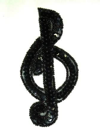 0326 Black G-Clef Music Note Sequin Beaded Applique 4"