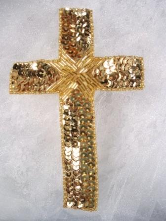 0330  GOLD CROSS RELIGIOUS SEQUIN BEADED APPLIQUE 6"