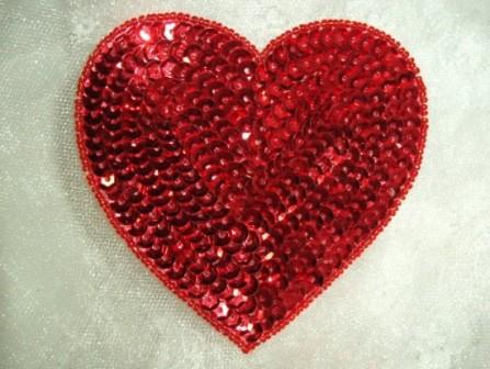 0338  Red Valentine Heart Sequin Beaded Applique 6"