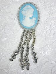 0340  Silver / Blue Victorian Cameo Dangle  Beaded Applique 3.25"