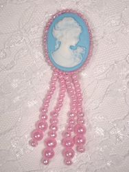 0340  Pink  / Blue Victorian Cameo Dangle  Beaded Applique 3.25