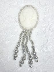 0340  Silver / Ivory Victorian Cameo Dangle  Beaded Applique 3.25"